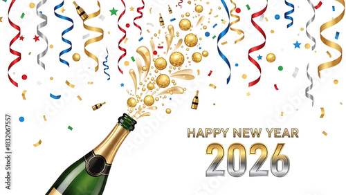 Sparkling New Year 2026 Celebration with Champagne Bottle and Festive Decorations