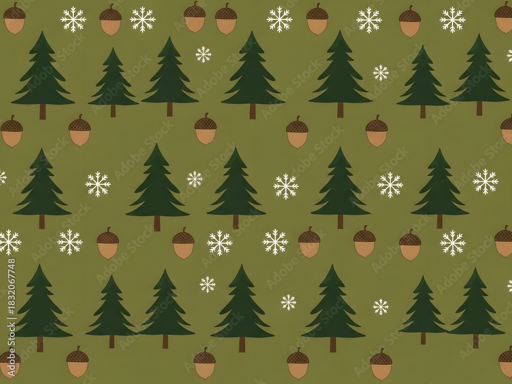Obraz premium Christmas tree pattern with snowflakes and acorns on a green background