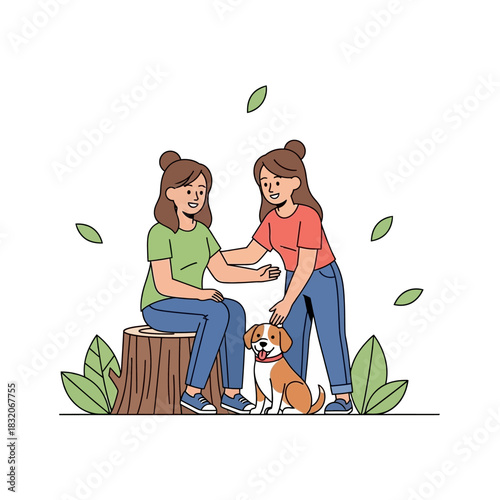 Illustration portraying a serene bonding moment between women and their canine companion amid