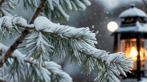 Detailed close-up of frosted pine needles with subtle lantern glow at night