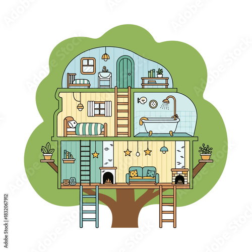 Imaginative treehouse dwelling showcasing unique interior design across multiple levels