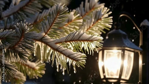 Close-up of snow-dusted pine branch and warm lantern light at night