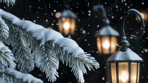 Close-up of icy pine branch with diffused warm lantern light at night