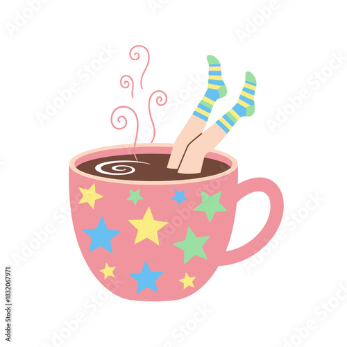 Relaxing retreat: whimsical illustration of a person soaking in a giant cup of warm liquid