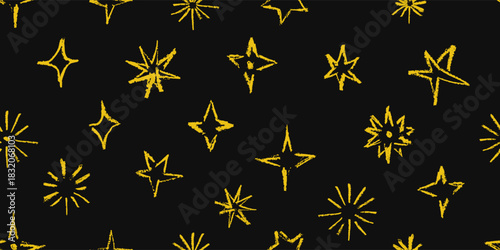 Rough crayon twinkle stars seamless pattern with distressed texture and bold sketch marks. Hand drawn abstract design print vector illustration
