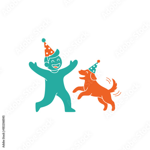 Joyful celebration of a boy and his dog with party hats silhouette illustration