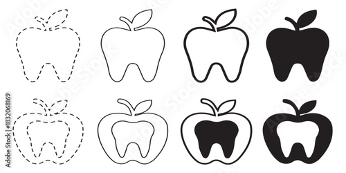 Collection of apple and tooth icons in various styles, representing dental health and nutrition.