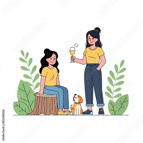 Whimsical outdoor gathering with stylized female figures enjoying leisure time in nature's embrace