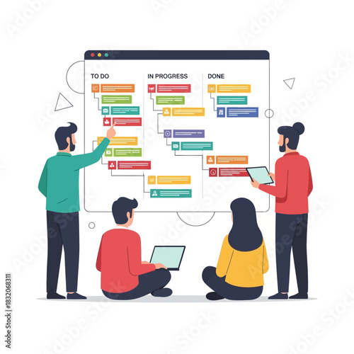Team collaboration reviewing project workflow on digital board for efficient task management and