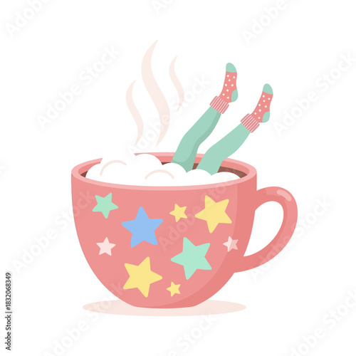 Whimsical relaxation: Cartoonish legs emerge from a steaming, star-decorated pink mug for ultimate