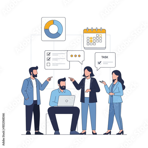 Business team collaborating on strategy with calendar reminders and charting progress for goals