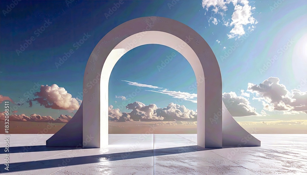Fototapeta premium A white archway frames a view of a blue sky filled with fluffy clouds. The scene is bathed in sunlight, creating a sense of openness and serenity.