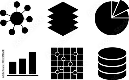 Black Icon Set for Data Science and Business Analytics, Featuring Network Connections, Stacked Data Layers, Pie Chart, Bar Graph, Scatter Plot, and Database Symbol