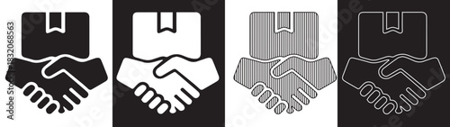 Four images of a handshake under a box, symbolizing a business deal.