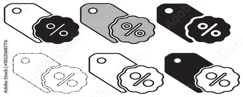 Six discount tags in different styles, showing percentage signs, for sales and promotions.