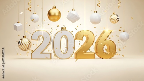 Happy new year 2026 celebration with golden ornaments