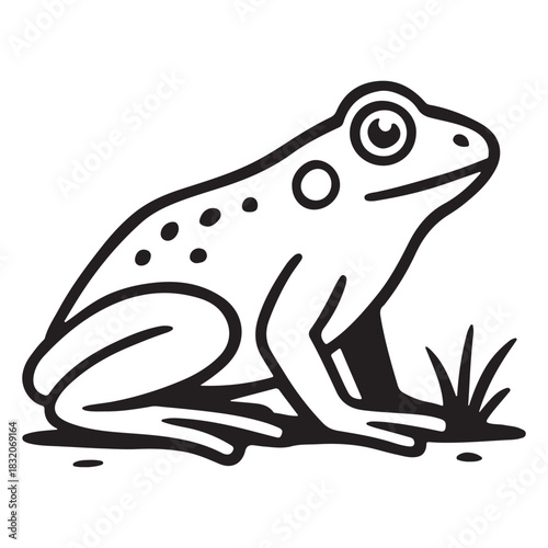 Spotted frog resting calmly near grass on soft ground surface.