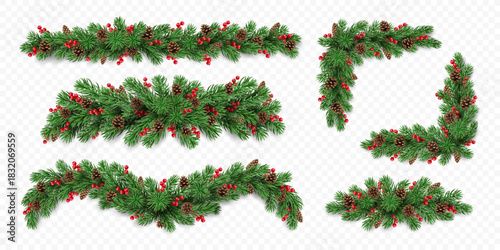 Collection of Christmas garland with fir branches, red berries, bows and lights isolated on a transparent background. Vector realistic pine tree branches border for winter decoration banner, poster, g