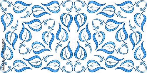 Elegant plant seamless pattern in classic style. Blue curved leaves on white background. Traditional painted ceramic tiles. Diagonal monochrome blue floral ornament