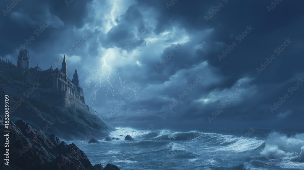 Fototapeta premium Stormy Seaside Castle Under Lightning and Clouds