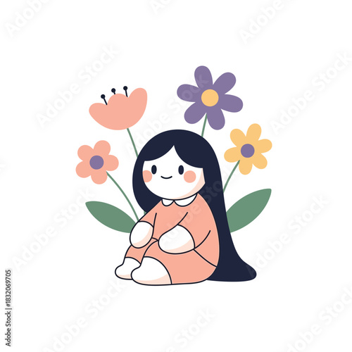 Charming girl amidst whimsical blooms, an illustration exuding peace and gentle innocence