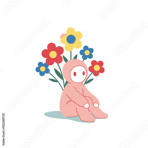 A person in a pink suit sitting amongst colorful flowers embodying quiet contemplation and joy
