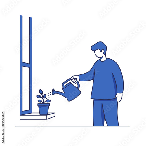 Man tending to indoor plant near window with watering can minimal blue tone art