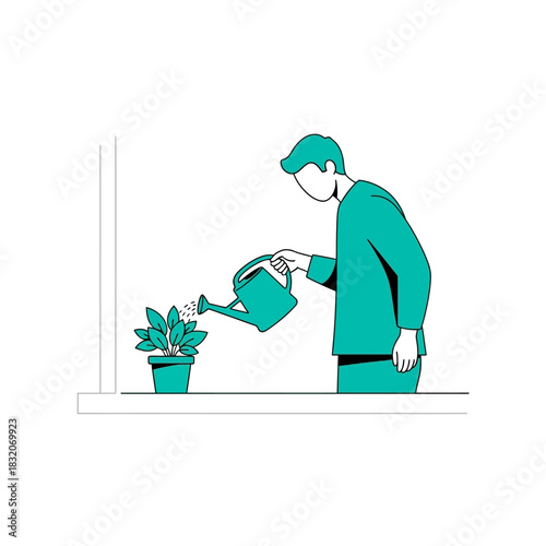 Minimalist man tending to potted plant in a simple indoor scene illustration
