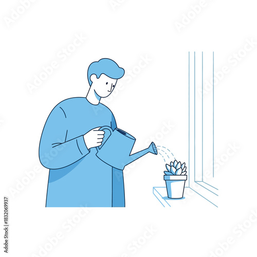 Watering a succulent: an individual cultivating life indoors with care and attention