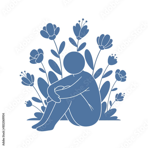 Stylized depiction of solitude amidst nature embodying introspection and calmness through floral