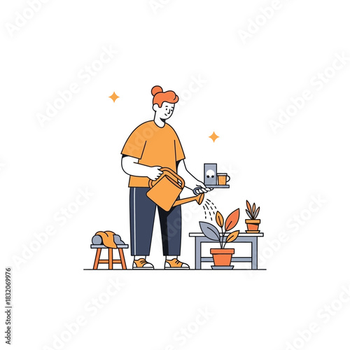 Indoor gardening activity with a watering can illustration promotes relaxation and hobby