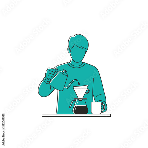 Minimalist coffee preparation illustration featuring a person pouring water into a dripper