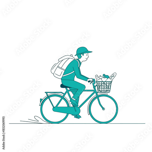 Stylized illustration of a cyclist with groceries embodying sustainable urban living