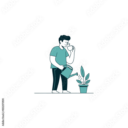 A serene illustration of a man watering a plant while enjoying a cup, portraying a quiet life