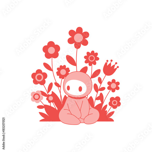 Pink robed figure surrounded by a vivid red flower arrangement in minimalist style