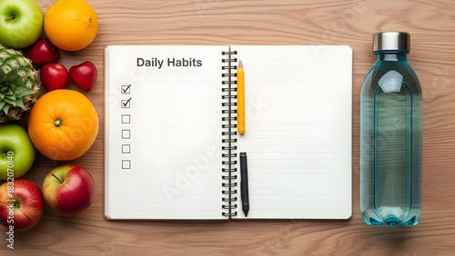 Planning a healthy daily routine with fresh fruits and a water bottle on a wooden table, emphasizing wellness goals and personal self-improvement habits
