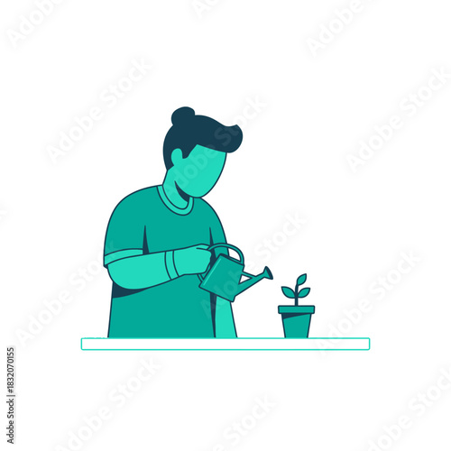 Illustration of a person tending to a plant with a watering can nurturing growth