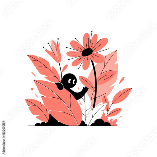 A playful black cartoon character nestled amongst vibrant coral-colored flora illustration