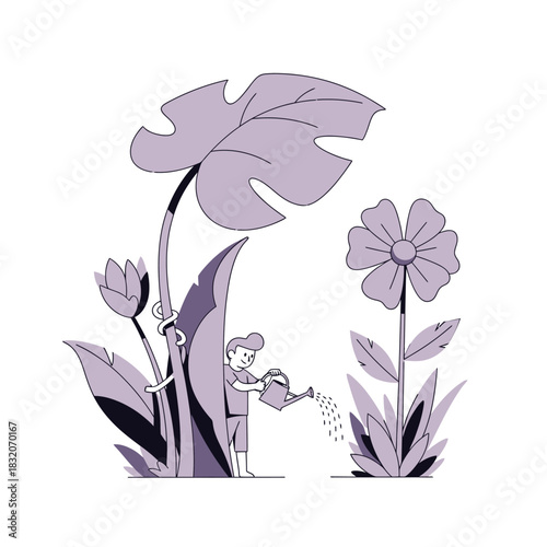 Stylized illustration featuring a child nurturing growth and nature's beauty in bloom