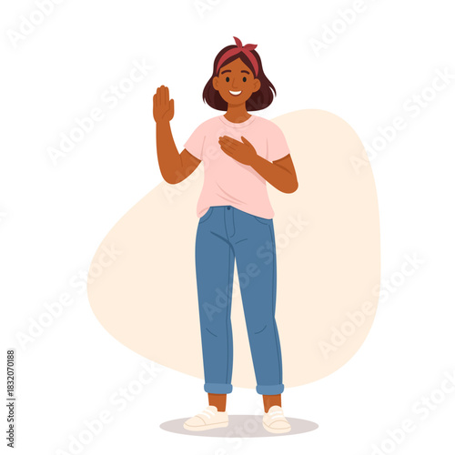 Cool trendy teenage girl cartoon character promising with making solemn oath hand gesture isolated full-length portrait. Trustworthiness and seriousness of teenager pledge vector illustration