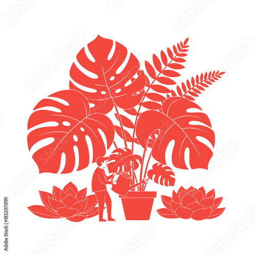 Stylized botanical arrangement featuring a gardener watering vibrant coral-toned plants