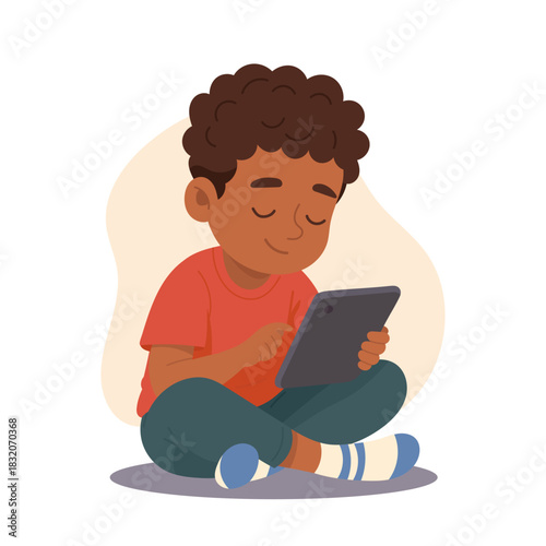 Little cute preschool boy smart child cartoon character reading digital book on mobile tablet isolated on white background. Modern intellectual knowledge and cognition development 