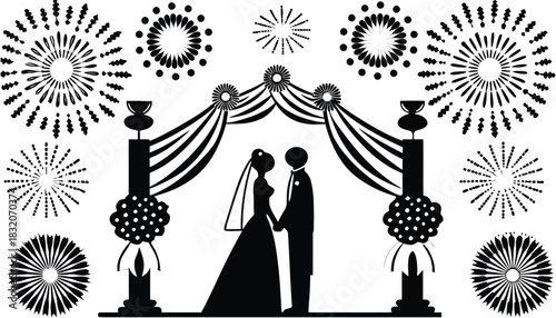 Silhouette wedding scene with bride groom and decorated archway design