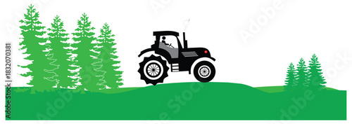 Tractor driving on green farmland landscape illustration.