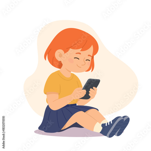 Happy little girl cartoon preschooler character reading ebook on mobile phone isolated on white background. Electronic literature for school children engagement in education 