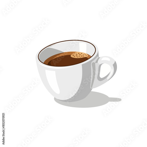 Cartoonstyle white ceramic coffee cup filled with dark brown coffee.