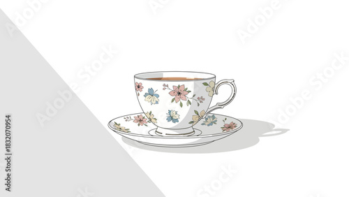 Elegant Floral Teacup and Saucer with Tea Illustration.