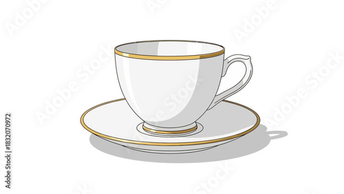 Elegant White Teacup and Saucer with Gold Trim Classic Design.