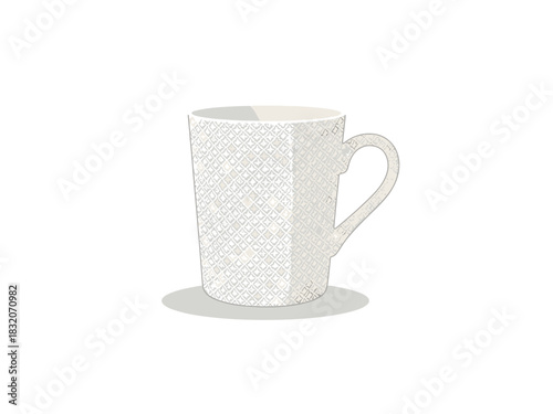 Elegant White Ceramic Mug with Geometric Pattern and Handle.