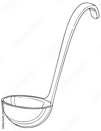 A classic black and white line art illustration of a kitchen soup ladle, a simple utensil for scooping and serving food